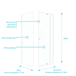 Pack porte de douche pivotante blanc de 78 à 90x185cm + retour 90 verre 5mm - WHITY PIVOT