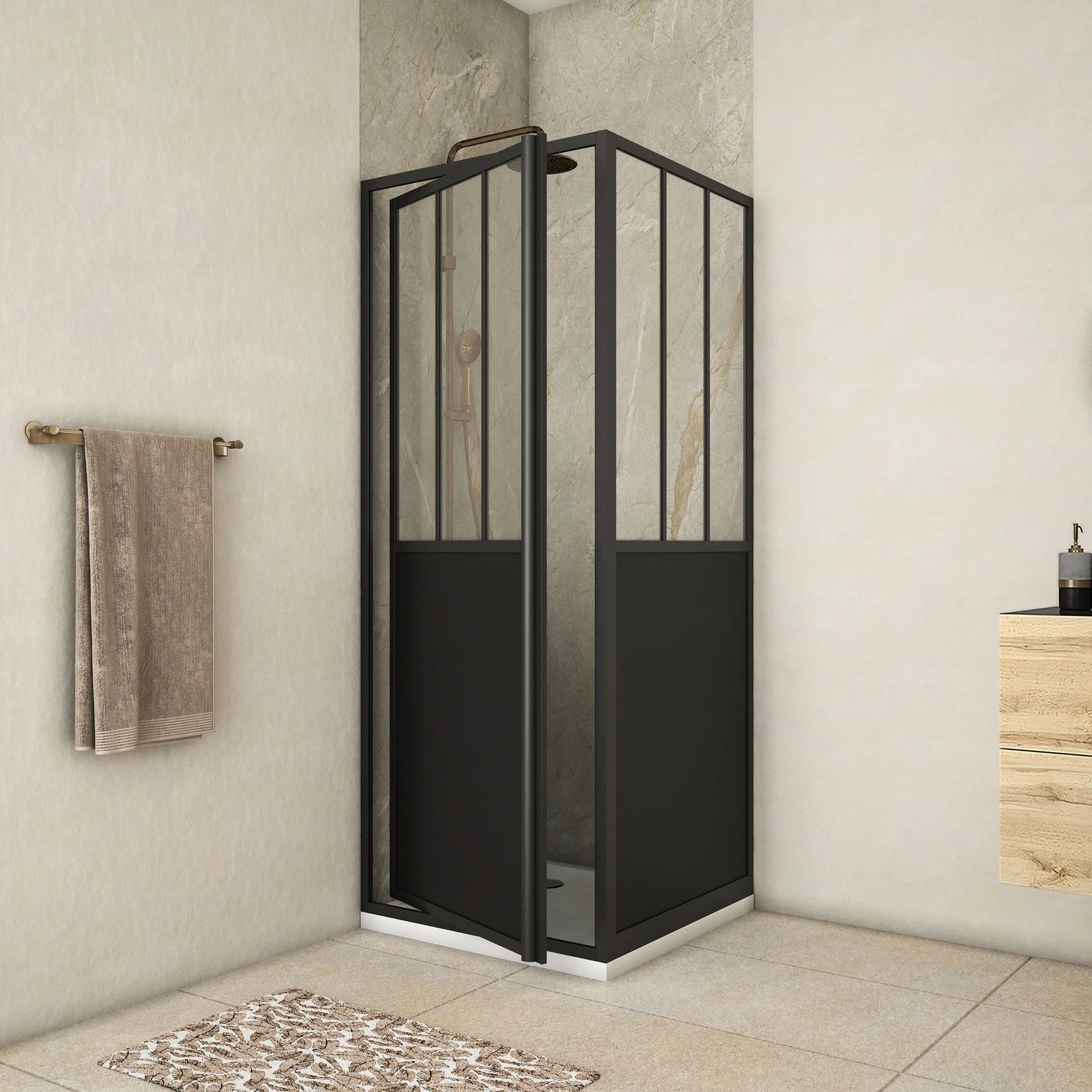 Pack Porte de Douche Pivotante et Retour 'Type Atelier' - Noir Mat - 80x80x200 cm