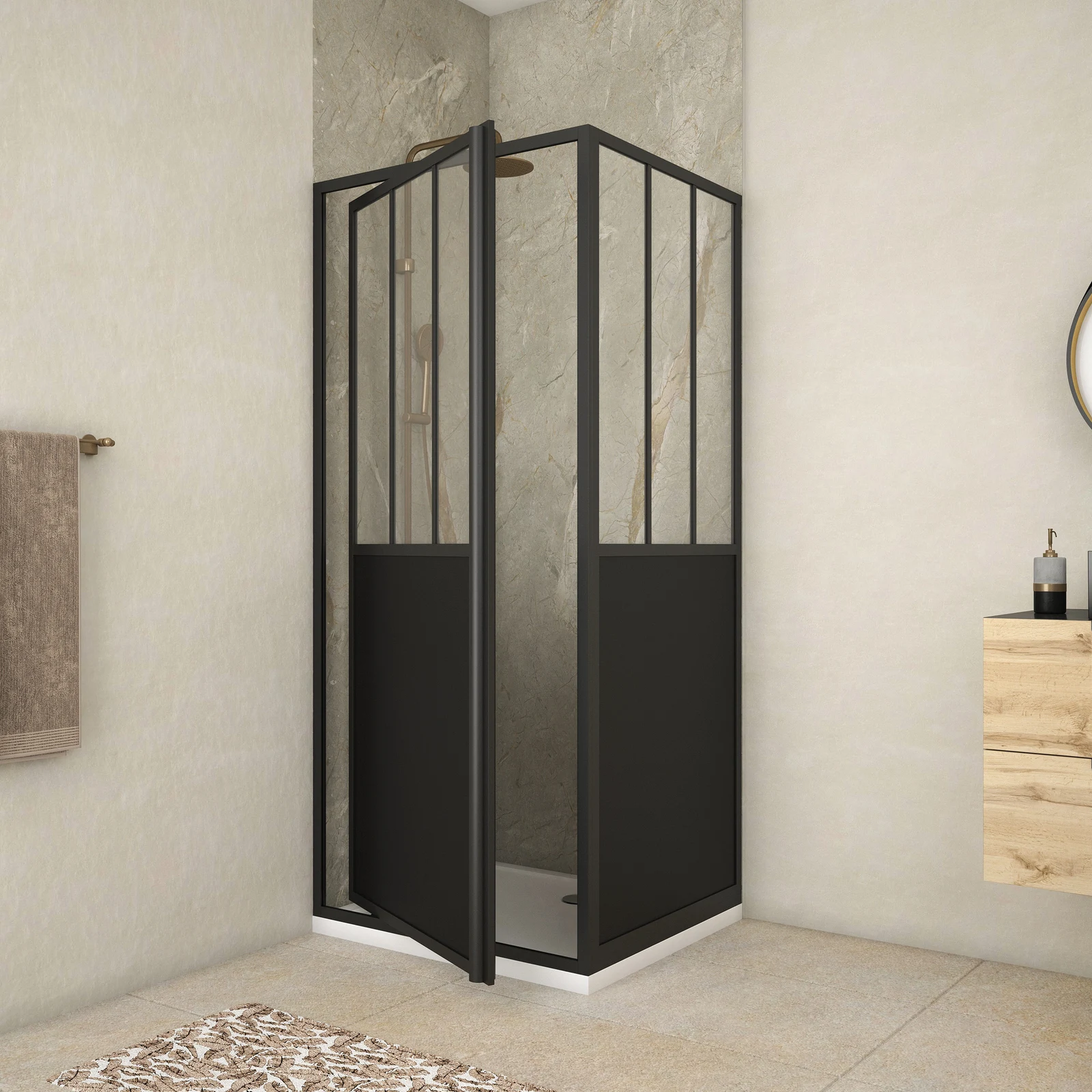 Pack Porte de Douche Pivotante et Retour 'Type Atelier' - Noir Mat - 90x80x200 cm Pack Porte de Douche Pivotante et Retour 'Type Atelier' - Noir Mat - 90x80x200 cm