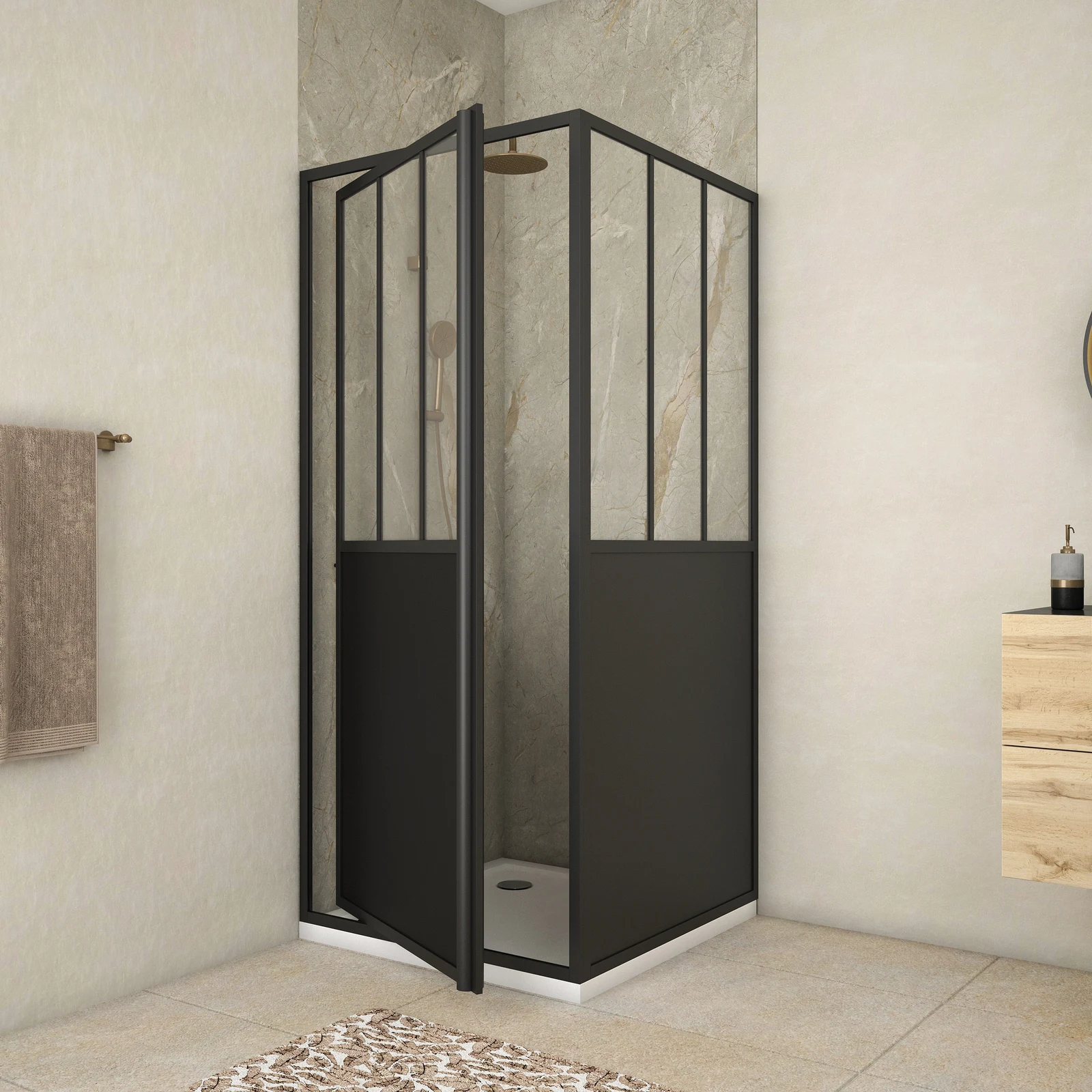 Pack Porte de Douche Pivotante et Retour 'Type Atelier' - Noir Mat - 90x90x200 cm Pack Porte de Douche Pivotante et Retour 'Type Atelier' - Noir Mat - 90x90x200 cm