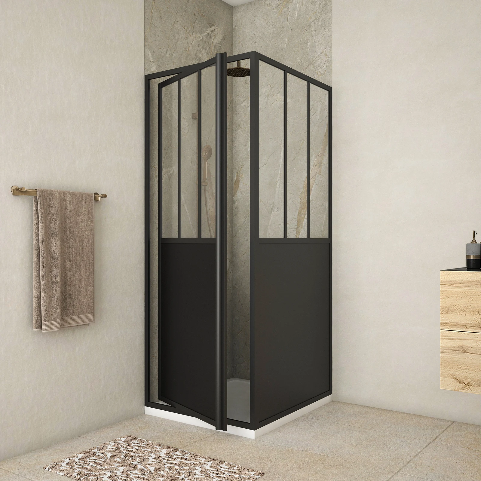 Pack Porte de Douche Pivotante et Retour 'Type Atelier' - Noir Mat - 80x90x200 cm Pack Porte de Douche Pivotante et Retour 'Type Atelier' - Noir Mat - 80x90x200 cm