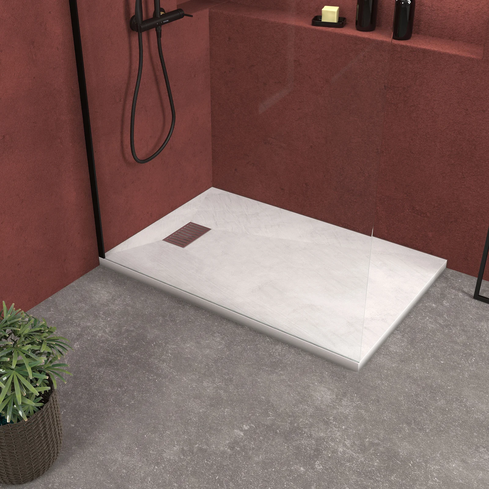 Pack Receveur Blanc Effet Pierre 140x90 cm et Grille décor Linéaire en Inox - PACK ROCK 2 Pack Receveur Blanc Effet Pierre 140x90 cm et Grille décor Linéaire en Inox - PACK ROCK 2