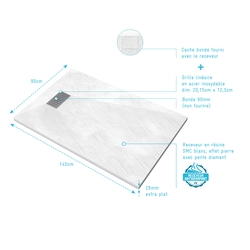 Pack Receveur Blanc Effet Pierre 140x90 cm et Grille décor Linéaire en Inox - PACK ROCK 2