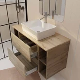PACK TIMBER 100 - CAISSON 60CM 2 TIROIRS + 2 NICHES DE 20CM + PLAN DE TRAVAIL 100 + VASQUE FJORD BLANCHE RECT 48x37x13,5cm + MIROIR START 80x60