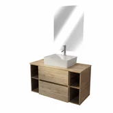 PACK TIMBER 100 - CAISSON 60CM 2 TIROIRS + 2 NICHES DE 20CM + PLAN DE TRAVAIL 100 + VASQUE FJORD BLANCHE RECT 48x37x13,5cm + MIROIR START 80x60