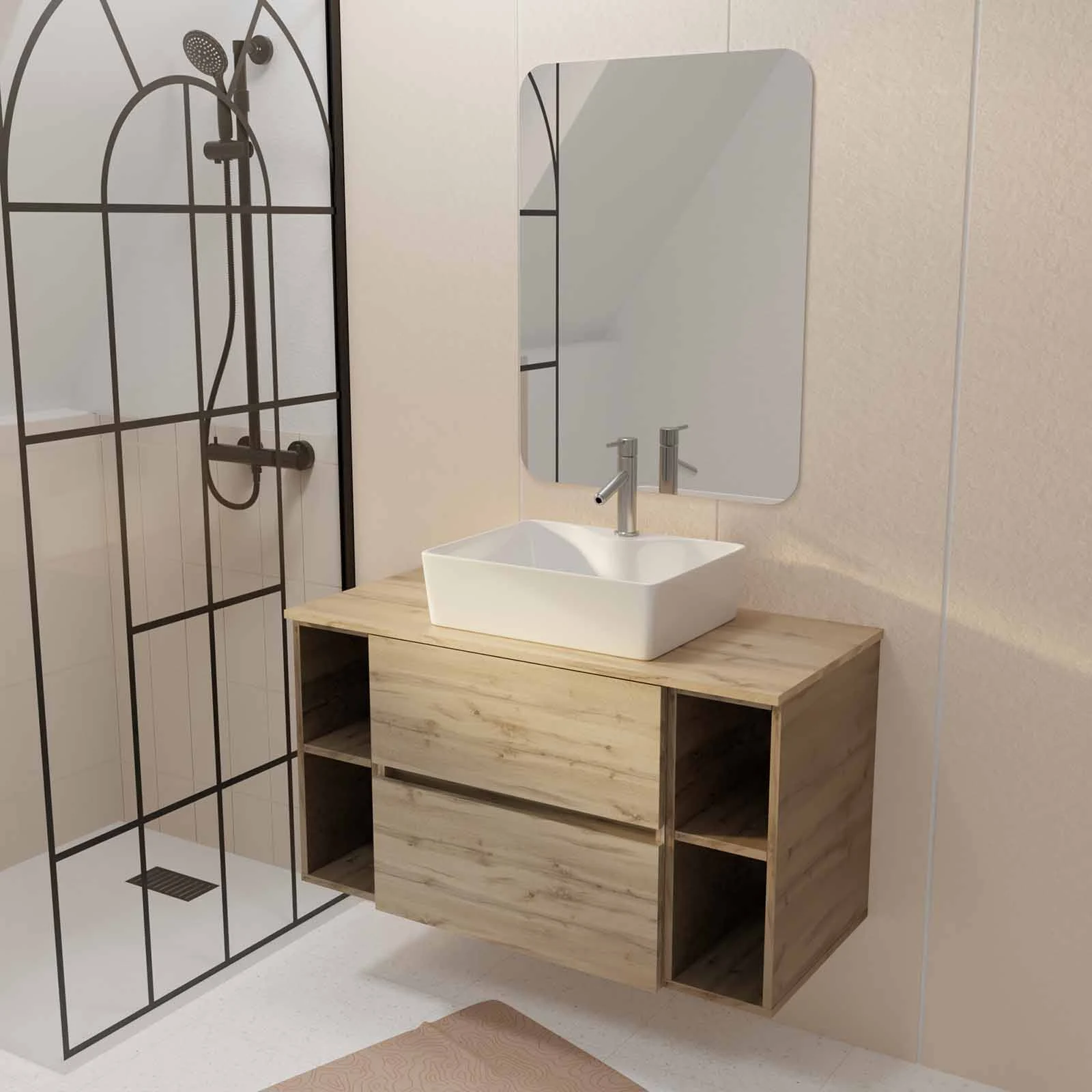 PACK TIMBER 100 - CAISSON 60CM 2 TIROIRS + 2 NICHES DE 20CM + PLAN DE TRAVAIL 100 + VASQUE FJORD BLANCHE RECT 48x37x13,5cm + MIROIR START 80x60 PACK TIMBER 100 - CAISSON 60CM 2 TIROIRS + 2 NICHES DE 20CM + PLAN DE TRAVAIL 100 + VASQUE FJORD BLANCHE RECT 48x37x13,5cm + MIROIR START 80x60