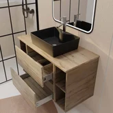 PACK TIMBER 100 - CAISSON 60CM 2 TIROIRS + 2 NICHES DE 20CM + PLAN DE TRAVAIL 100 + VASQUE DARK FJORD RECT 48x37x13,5cm + MIROIR START NOIR A LED 80x60