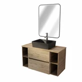 PACK TIMBER 100 - CAISSON 60CM 2 TIROIRS + 2 NICHES DE 20CM + PLAN DE TRAVAIL 100 + VASQUE DARK FJORD RECT 48x37x13,5cm + MIROIR START NOIR A LED 80x60