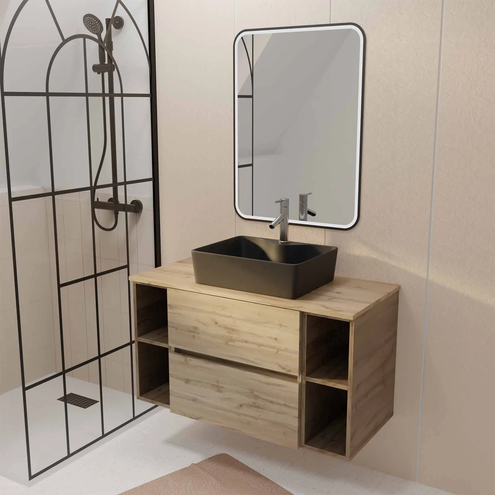 PACK TIMBER 100 - CAISSON 60CM 2 TIROIRS + 2 NICHES DE 20CM + PLAN DE TRAVAIL 100 + VASQUE DARK FJORD RECT 48x37x13,5cm + MIROIR START NOIR A LED 80x60 PACK TIMBER 100 - CAISSON 60CM 2 TIROIRS + 2 NICHES DE 20CM + PLAN DE TRAVAIL 100 + VASQUE DARK FJORD RECT 48x37x13,5cm + MIROIR START NOIR A LED 80x60