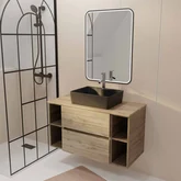 PACK TIMBER 100 - CAISSON 60CM 2 TIROIRS + 2 NICHES DE 20CM + PLAN DE TRAVAIL 100 + VASQUE DARK FJORD RECT 48x37x13,5cm + MIROIR START NOIR A LED 80x60