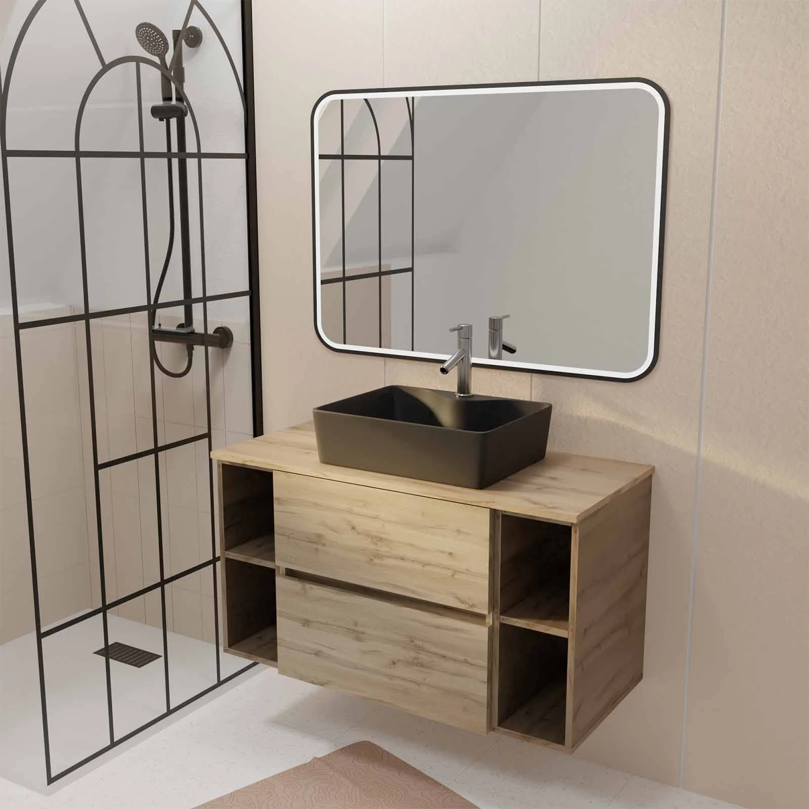 PACK TIMBER 100 - CAISSON 60CM 2 TIROIRS + 2 NICHES DE 20CM + PLAN DE TRAVAIL 100 + VASQUE DARK FJORD RECT 48x37x13,5cm + MIROIR START NOIR A LED 100x70 PACK TIMBER 100 - CAISSON 60CM 2 TIROIRS + 2 NICHES DE 20CM + PLAN DE TRAVAIL 100 + VASQUE DARK FJORD RECT 48x37x13,5cm + MIROIR START NOIR A LED 100x70