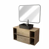 PACK TIMBER 100 - CAISSON 60CM 2 TIROIRS + 2 NICHES DE 20CM + PLAN DE TRAVAIL 100 + VASQUE DARK FJORD RECT 48x37x13,5cm + MIROIR START NOIR A LED 100x70