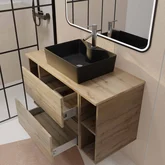 PACK TIMBER 100 - CAISSON 60CM 2 TIROIRS + 2 NICHES DE 20CM + PLAN DE TRAVAIL 100 + VASQUE DARK FJORD RECT 48x37x13,5cm + MIROIR START NOIR A LED 100x70
