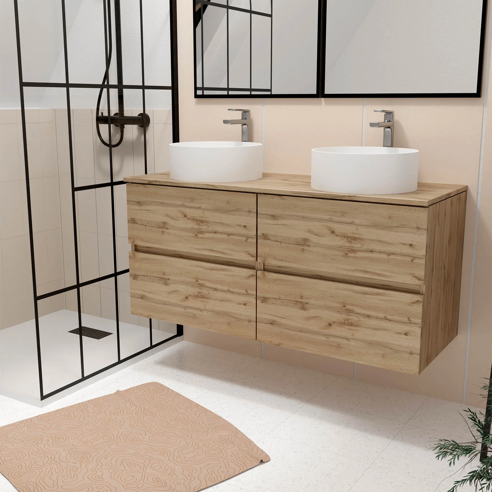 PACK TIMBER 120 SUSPENDU 4 TIROIRS + PLAN DE TRAVAIL 120 + 2 VASQUES RONDES BLANCHES DIAM. 36 cm PACK TIMBER 120 SUSPENDU 4 TIROIRS + PLAN DE TRAVAIL 120 + 2 VASQUES RONDES BLANCHES DIAM. 36 cm