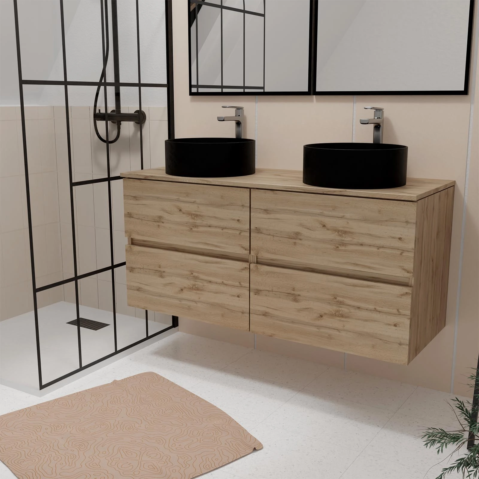 PACK TIMBER 120 SUSPENDU 4 TIROIRS + PLAN DE TRAVAIL 120 + 2 VASQUES RONDES NOIRES DIAM. 35.5 cm PACK TIMBER 120 SUSPENDU 4 TIROIRS + PLAN DE TRAVAIL 120 + 2 VASQUES RONDES NOIRES DIAM. 35.5 cm