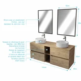 PACK TIMBER 140 - 2 CAISSONS 60CM 2 TIROIRS + NICHE DE 20CM + PLAN DE TRAVAIL 140 + 2 VASQUES RONDES BLANCHES A POSER DIAM. 36 CM + 2 MIROIRS TIMBER 60x80