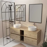 PACK TIMBER 140 - 2 CAISSONS 60CM 2 TIROIRS + NICHE DE 20CM + PLAN DE TRAVAIL 140 + 2 VASQUES RONDES BLANCHES A POSER DIAM. 36 CM + 2 MIROIRS TIMBER 60x80