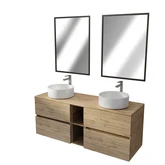 PACK TIMBER 140 - 2 CAISSONS 60CM 2 TIROIRS + NICHE DE 20CM + PLAN DE TRAVAIL 140 + 2 VASQUES RONDES BLANCHES A POSER DIAM. 36 CM + 2 MIROIRS TIMBER 60x80