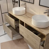 PACK TIMBER 140 - 2 CAISSONS 60CM 2 TIROIRS + NICHE DE 20CM + PLAN DE TRAVAIL 140 + 2 VASQUES RONDES BLANCHES A POSER DIAM. 36 CM + 2 MIROIRS TIMBER 60x80