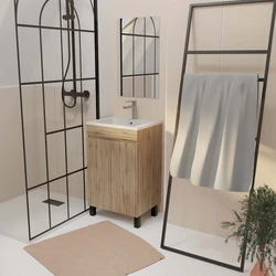 PACK TIMBER 50 2 PORTES SUR PIEDS + VASQUE CERAMIQUE BLANCHE 50 + MIROIR READY ONE BOX 50