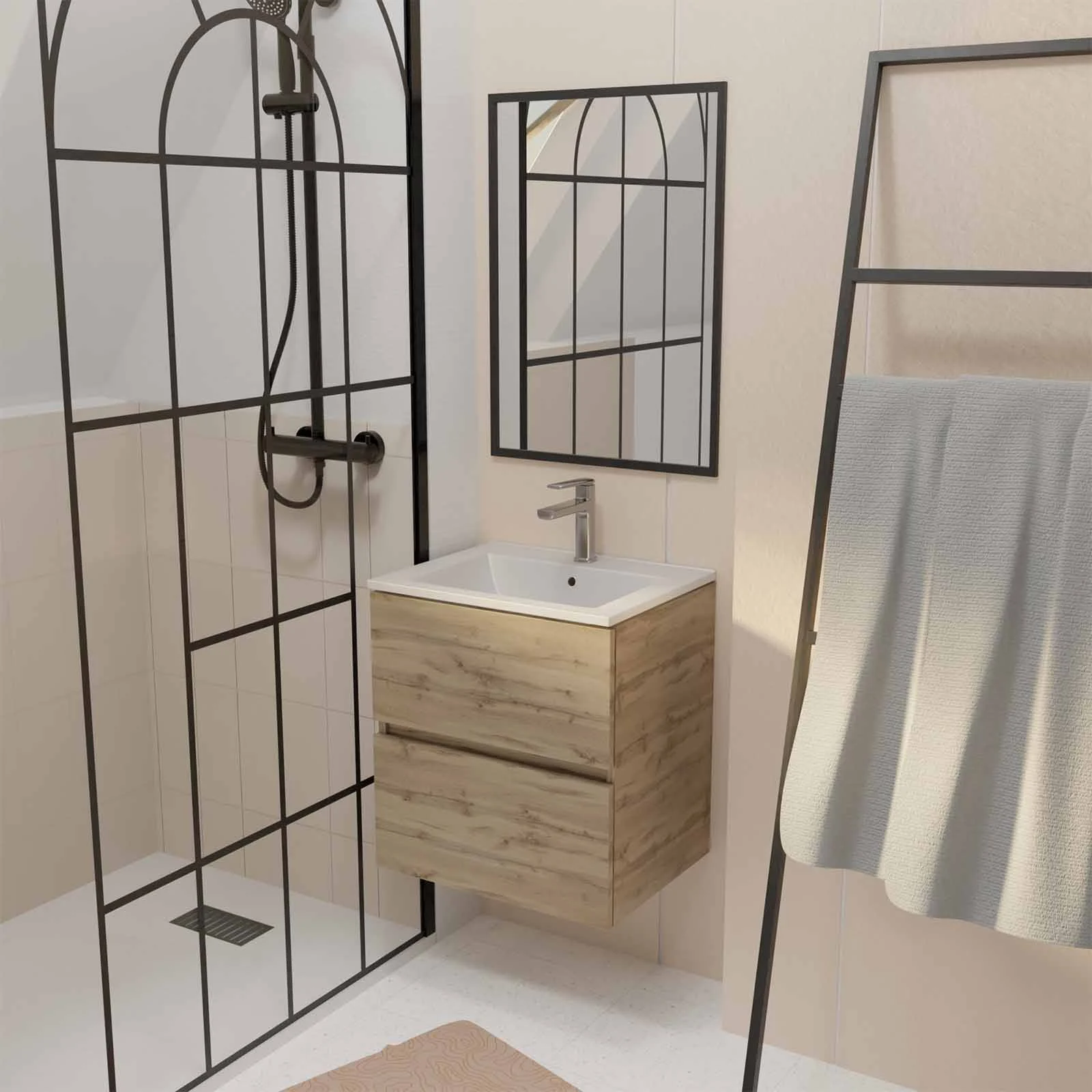 PACK TIMBER 50 - CAISSON 2 TIROIRS SUSPENDU + VASQUE CERAMIQUE BLANCHE 50 + MIROIR TIMBER 70x50