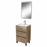 PACK TIMBER 50 - CAISSON 3 TIROIRS SUR PIEDS + VASQUE CERAMIQUE BLANCHE 50 + MIROIR START NOIR A LED 70x50