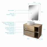 PACK TIMBER 60 2 TIROIRS SUSPENDU + NICHE 20CM + PLAN DE TRAVAIL 80 + VASQUE RONDE A POSER BLANCHE DIAM. 36 CM + MIROIR START LED 60x80