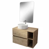 PACK TIMBER 60 2 TIROIRS SUSPENDU + NICHE 20CM + PLAN DE TRAVAIL 80 + VASQUE RONDE A POSER BLANCHE DIAM. 36 CM + MIROIR START LED 60x80