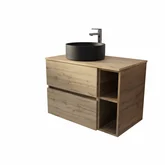 PACK TIMBER 60 2 TIROIRS SUSPENDU + NICHE 20CM + PLAN DE TRAVAIL 80 + VASQUE RONDE A POSER NOIRE DIAM. 36 CM