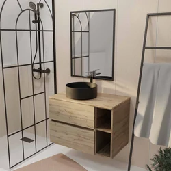 PACK TIMBER 60 2 TIROIRS SUSPENDU + NICHE 20CM + PLAN DE TRAVAIL 80 + VASQUE RONDE A POSER NOIRE DIAM. 36 CM + MIROIR TIMBER 60x80