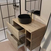 PACK TIMBER 60 2 TIROIRS SUSPENDU + NICHE 20CM + PLAN DE TRAVAIL 80 + VASQUE RONDE A POSER NOIRE DIAM. 36 CM + MIROIR TIMBER 60x80