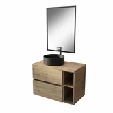 PACK TIMBER 60 2 TIROIRS SUSPENDU + NICHE 20CM + PLAN DE TRAVAIL 80 + VASQUE RONDE A POSER NOIRE DIAM. 36 CM + MIROIR TIMBER 60x80