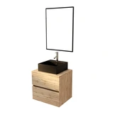 PACK TIMBER 60 SUSPENDU 2 TIROIRS + PLAN DE TRAVAIL 60 + VASQUE FJORD CARREE NOIRE + MIROIR TIMBER 60x80