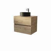 PACK TIMBER 70 - CAISSON 2 TIROIRS SUSPENDU + PLAN DE TRAVAIL + VASQUE RONDE A POSER NOIRE DIAM. 36 CM