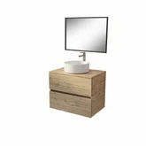 PACK TIMBER 70 - CAISSON 2 TIROIRS SUSPENDU + PLAN DE TRAVAIL + VASQUE RONDE A POSER BLANCHE DIAM. 36 CM + MIROIR TIMBER 50x70