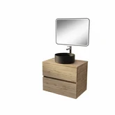 PACK TIMBER 70 - CAISSON 2 TIROIRS SUSPENDU + PLAN DE TRAVAIL + VASQUE RONDE A POSER NOIRE DIAM. 36 CM + MIROIR START NOIR A LED 50x70