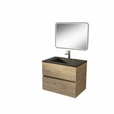 PACK TIMBER 70 - CAISSON 2 TIROIRS SUSPENDU + VASQUE CERAMIQUE NOIR MAT 70 + MIROIR START NOIR A LED 50x70