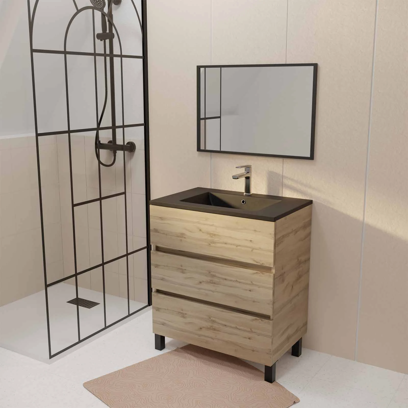 PACK TIMBER 70 - CAISSON 3 TIROIRS SUR PIEDS + VASQUE CERAMIQUE NOIR MAT 70 + MIROIR TIMBER 50x70