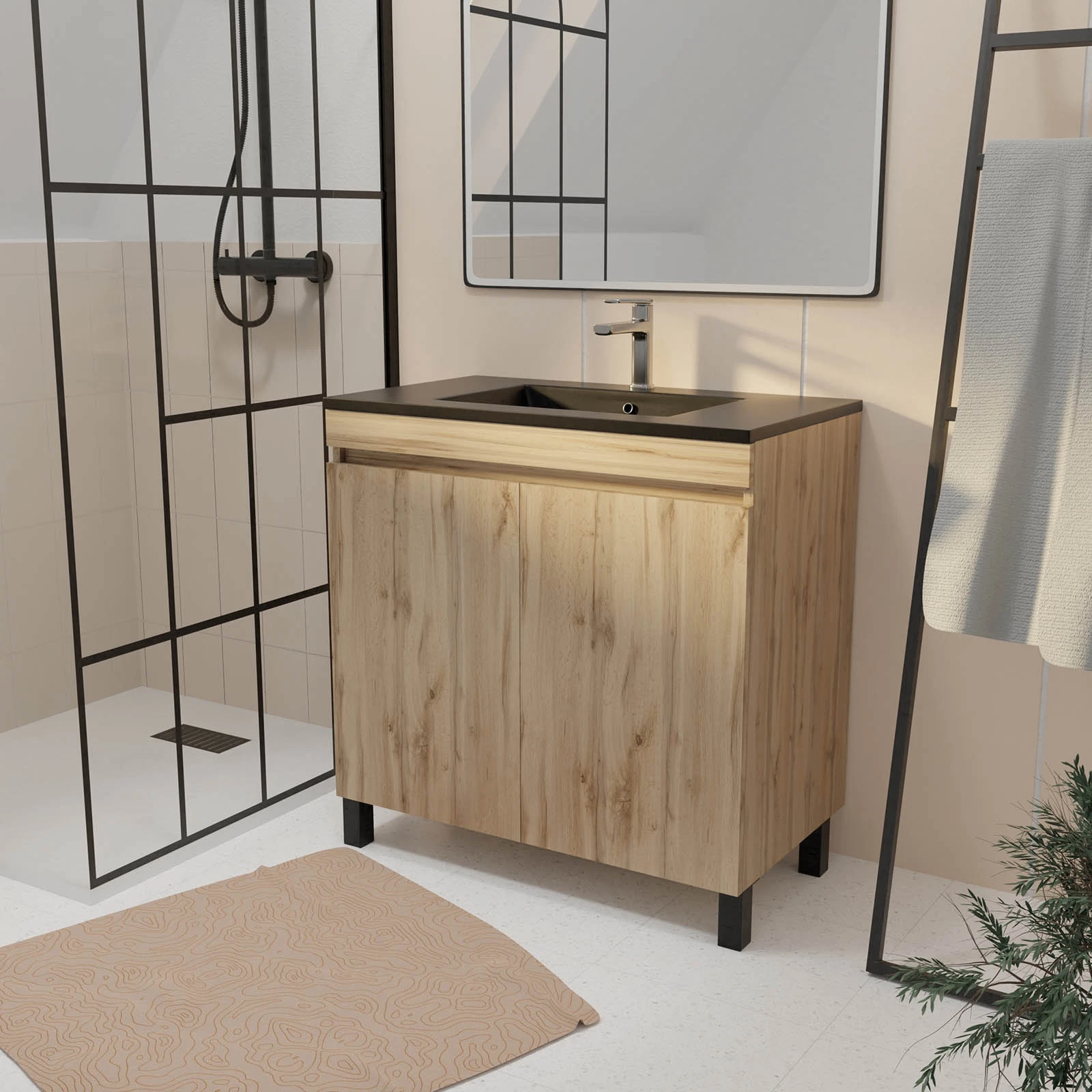 PACK TIMBER 80 2 PORTES CHENE NATUREL SUR PIEDS + VASQUE CERAMIQUE NOIRE 80 PACK TIMBER 80 2 PORTES CHENE NATUREL SUR PIEDS + VASQUE CERAMIQUE NOIRE 80