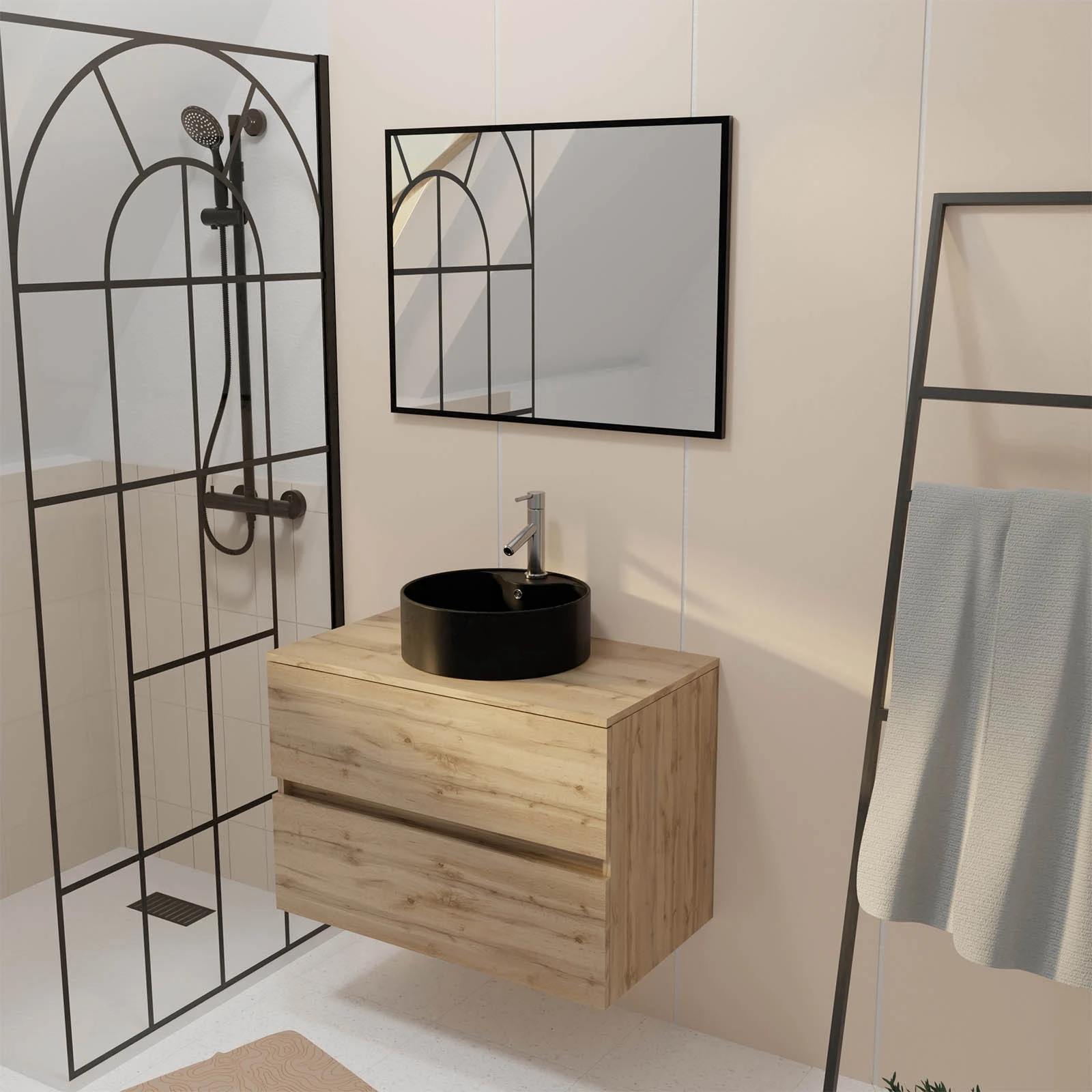 PACK TIMBER 80 SUSPENDU 2 TIROIRS + PLAN DE TRAVAIL 80 + VASQUE FJORD RONDE NOIRE DIAM. 41 cm + MIROIR TIMBER 60x80