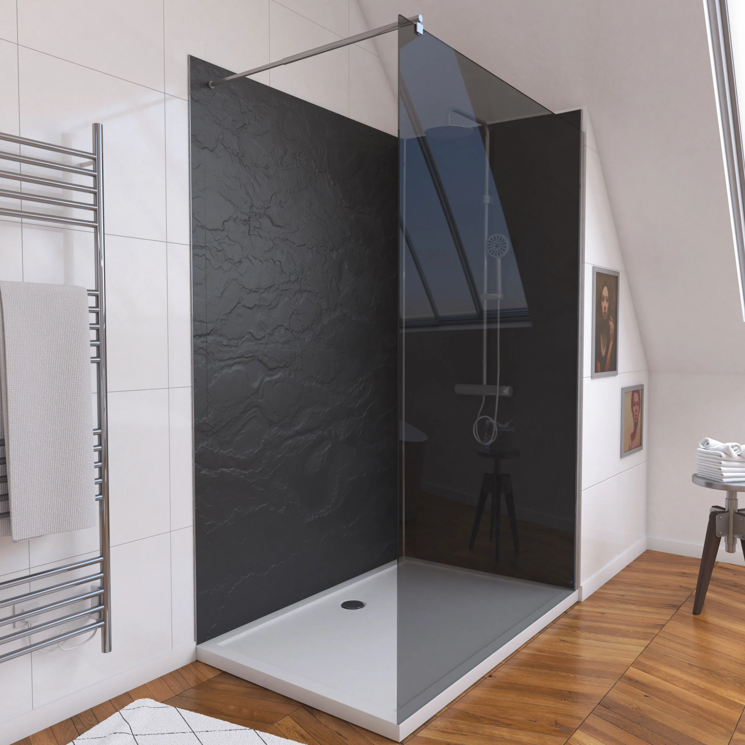 Panneaux Muraux Ardoise 90+120x210 - Receveur 120x90 - Paroi Fumée 120x200 + Bras Maintien