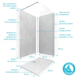 Panneaux Muraux Light Grey 90+120x210 - Receveur 120x90 - Paroi 8mm Transparente 120x200 + Bras