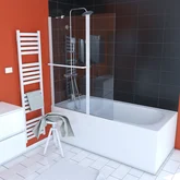 PARE BAIGNOIRE AVEC VOLET PIVOTANT 130x105cm PROFILE ALUMINIUM LAQUE BLANC ET VERRE TRANSPARENT