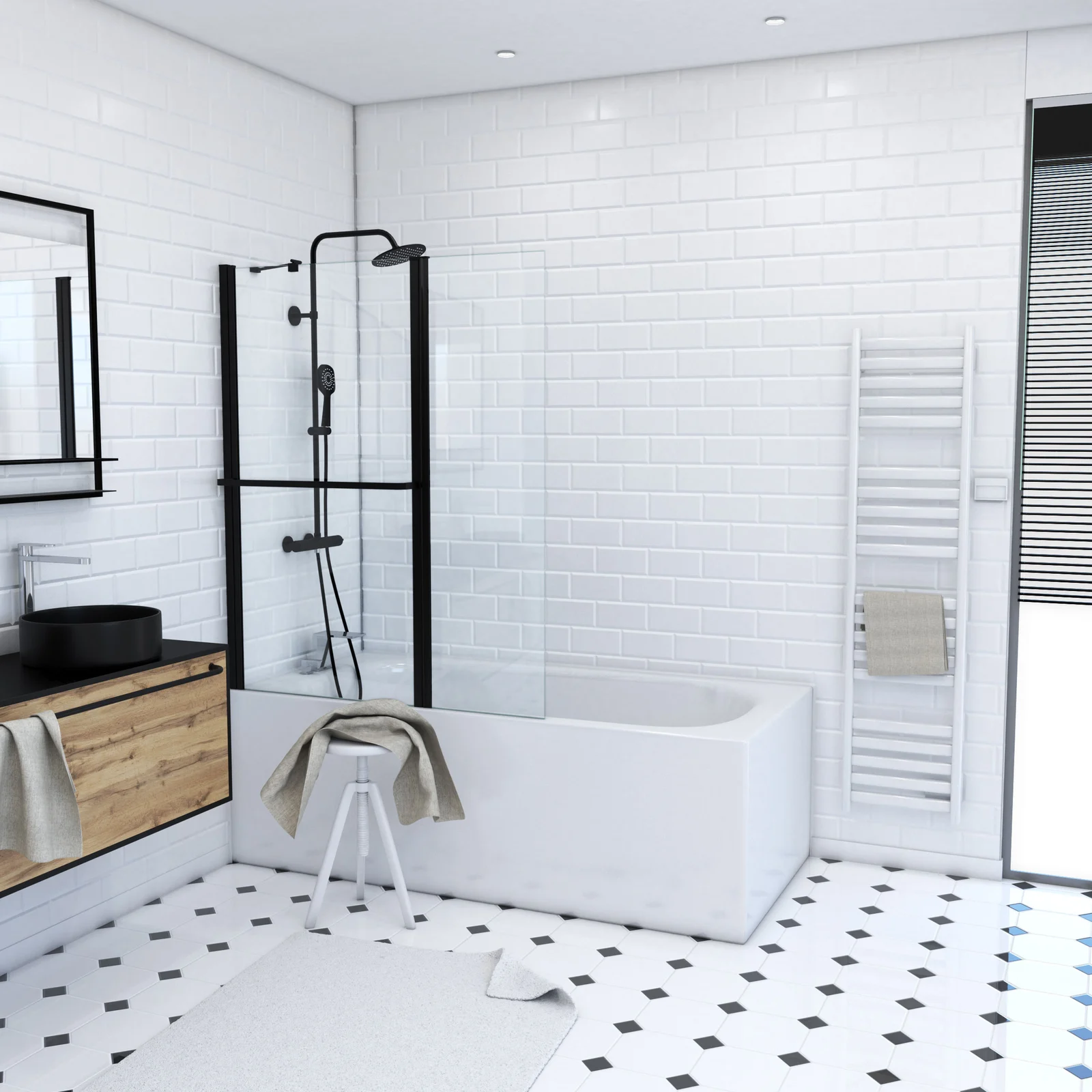 PARE BAIGNOIRE AVEC VOLET PIVOTANT 130x105cm PROFILE ALUMINIUM NOIR MAT ET VERRE TRANSPARENT PARE BAIGNOIRE AVEC VOLET PIVOTANT 130x105cm PROFILE ALUMINIUM NOIR MAT ET VERRE TRANSPARENT