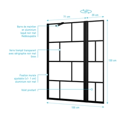 Pare baignoire avec volet pivotant - profile noir mat - 130x104 (HxL) - verre 5mm sérigraphié 