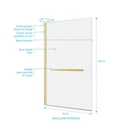 Pare-Baignoire Pivotant avec Porte-Serviette 85x150cm - Profilé Or Brossé - Verre 6mm - TSHAPE GOLDY