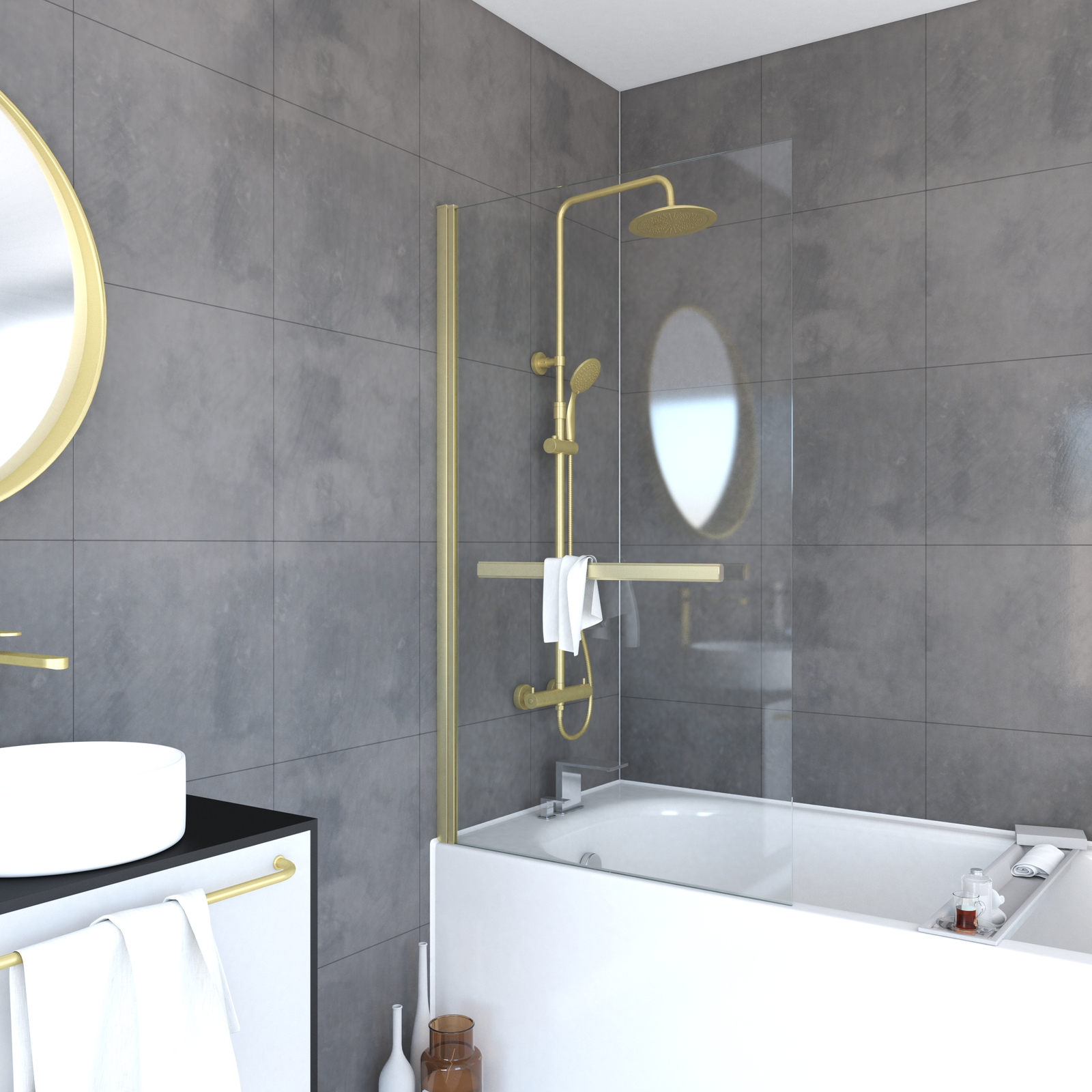 Pare-Baignoire Pivotant avec Porte-Serviette 85x150cm - Profilé Or Brossé - Verre 6mm - TSHAPE GOLDY Pare-Baignoire Pivotant avec Porte-Serviette 85x150cm - Profilé Or Brossé - Verre 6mm - TSHAPE GOLDY