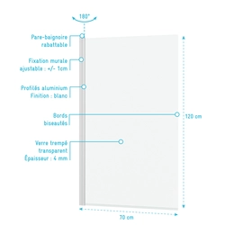 Pare-baignoire Rabattable 70x120cm - Profilé Blanc Mat - Verre Trempé 4mm - ELEMENTARY