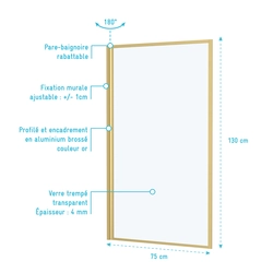 Pare baignoire rabattable 75x130cm - Finition Or Doré Brossé - GOLDY CONTOURING SCREEN