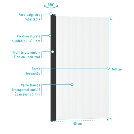 Pare-baignoire Rabattable 80x140cm - Profilé Noir Mat - Verre Trempé Ondulé 5mm - WAVY